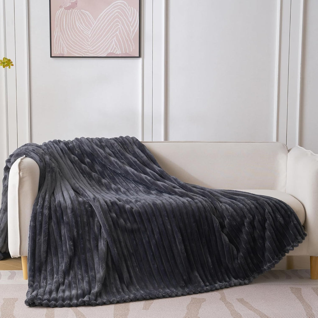 Skiennix Super Soft Queen Blanket - Premium Silky Flannel Fleece, 3D Striped Jacquard Design, 90x90 Inches | Dark Grey