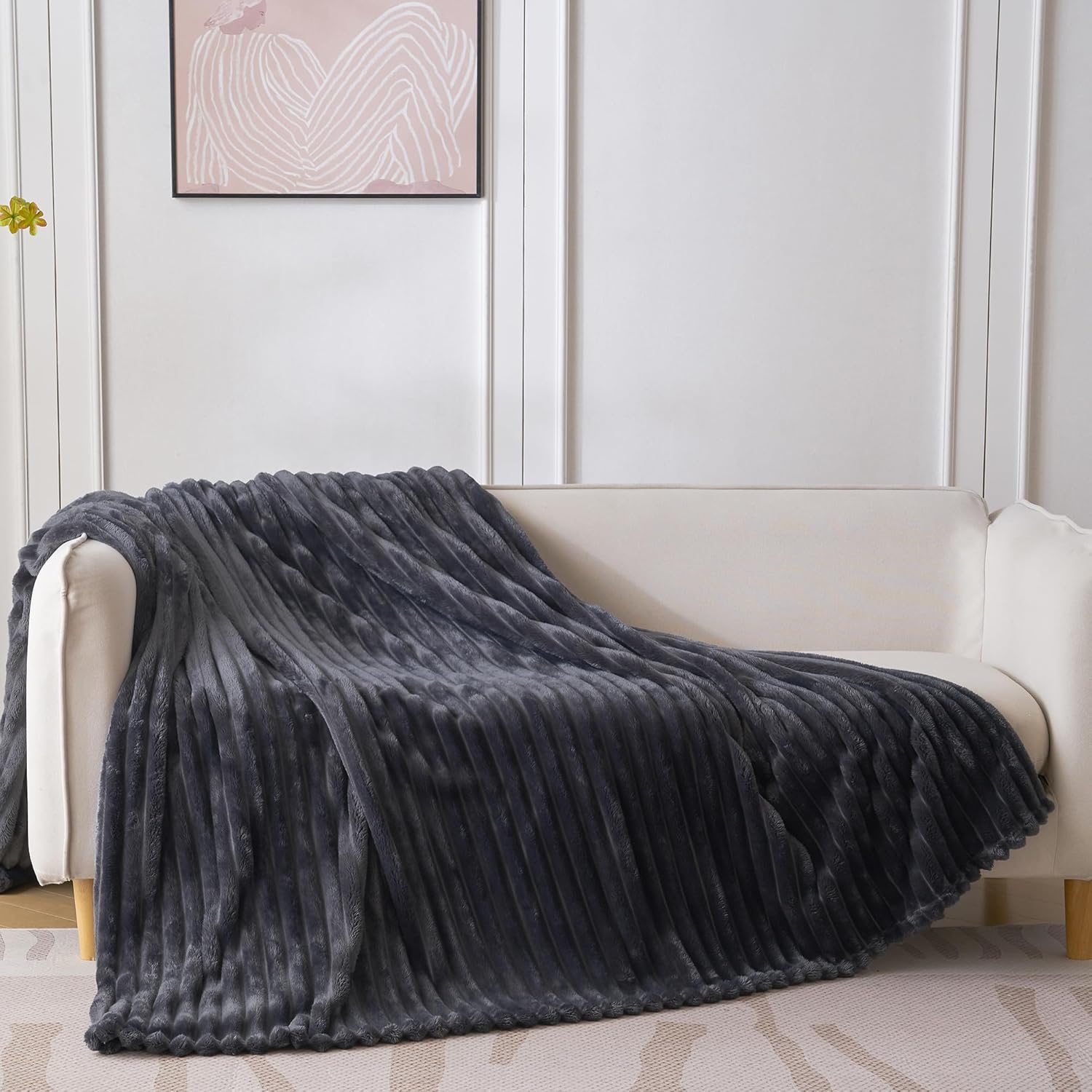 Skiennix Super Soft Queen Blanket - Premium Silky Flannel Fleece, 3D Striped Jacquard Design, 90x90 Inches | Dark Grey