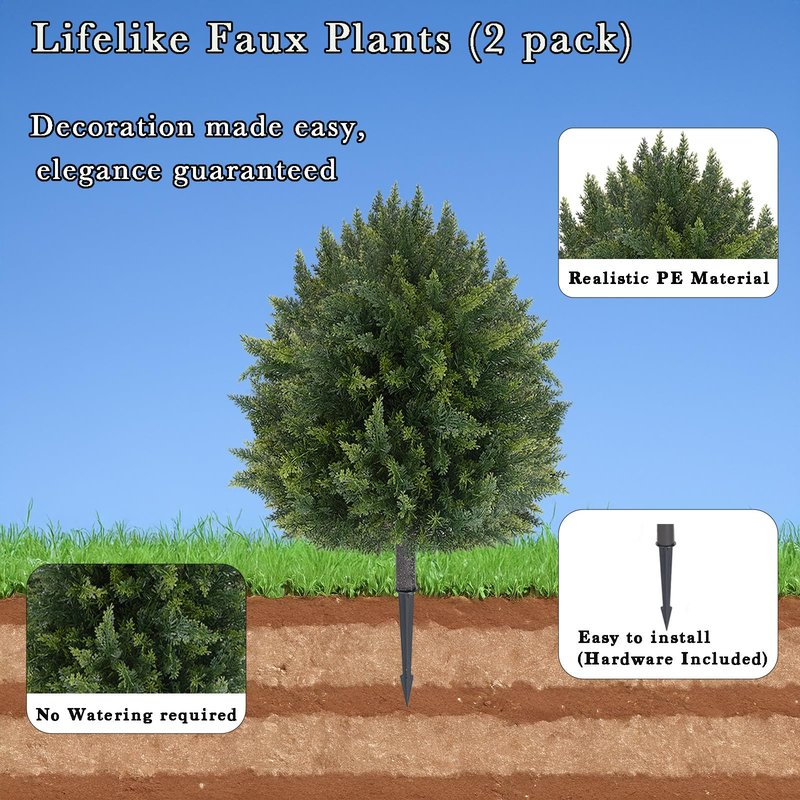 2 Pcs UV Resistant Artificial Cypress Topiaries, Bushes with Ground Spike,25 in Artificial Cedar Ball Trees，Fade-Proof Lifelike Greenery, Ideal for Indoor and Outdoor Use
