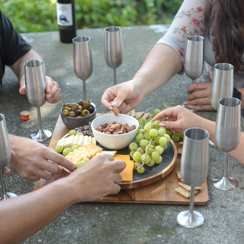 Unbreakable 8 Oz Stainless Steel Champagne Flutes (8 Pack) - Large Stemmed Matte Silver Champagne Glasses - Reusable Indoor Outdoor Drinkware - Keeps Drink Cool for Longer- Valentines Day Gift for Her