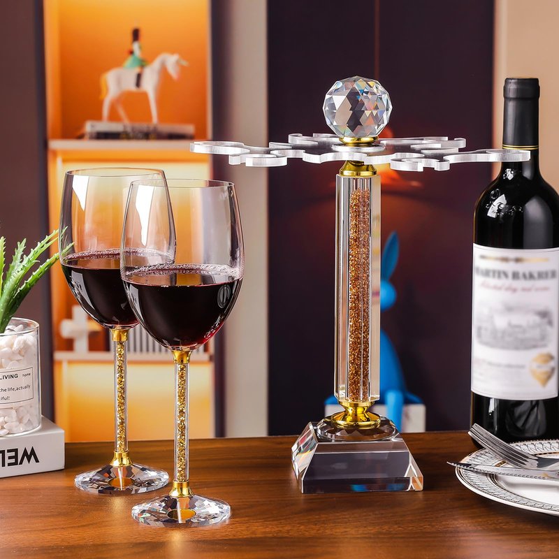 Hanjue Crystal Glass Stemware Rack, Rotates to Hold 6 Wine Glasses, Crystal Wine Glass Holder,Stemware Holder for Wet Bar Home Bar, Bar Cart(white crush diamonds)