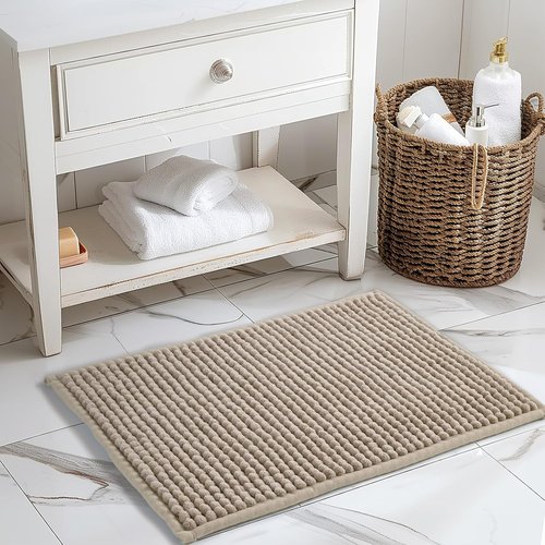 FRESHMINT Thick Chunky Chenille Bathroom Rug - Soft Non-Slip Bath Mat | 17"x24", Beige, Washable