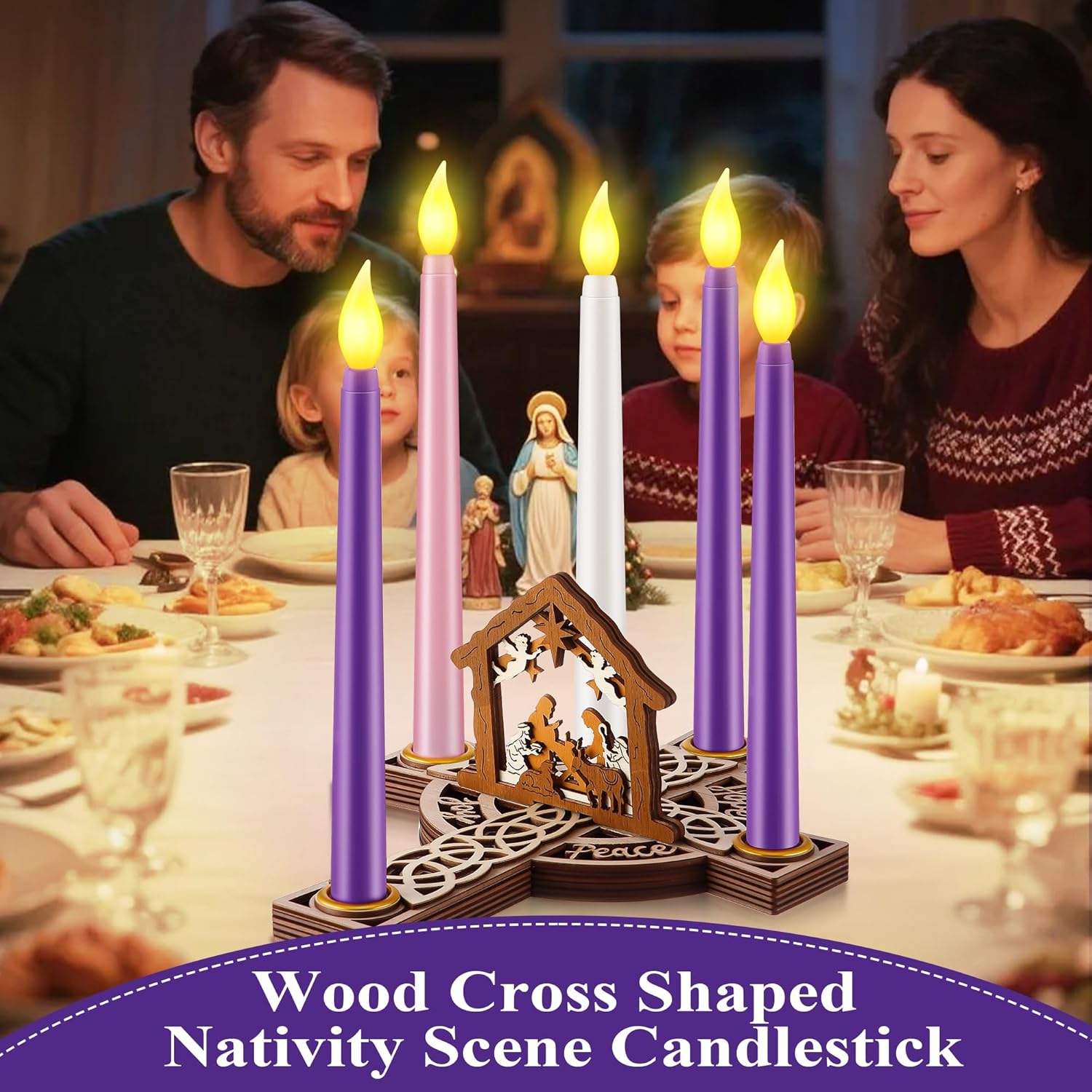Regine Switzerland Christmas Advent Wreath Candle Holder - 5 Pcs Flameless Candles & Wood Cross Nativity Scene