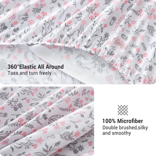 Viviland Floral Queen Sheet Set - 4 Piece Vintage Cute Red Flower Patterned Bed Sheets - Soft, Breathable Microfiber Sheets with Deep Pocket, Non-Slip Fitted Sheets & Pillowcases