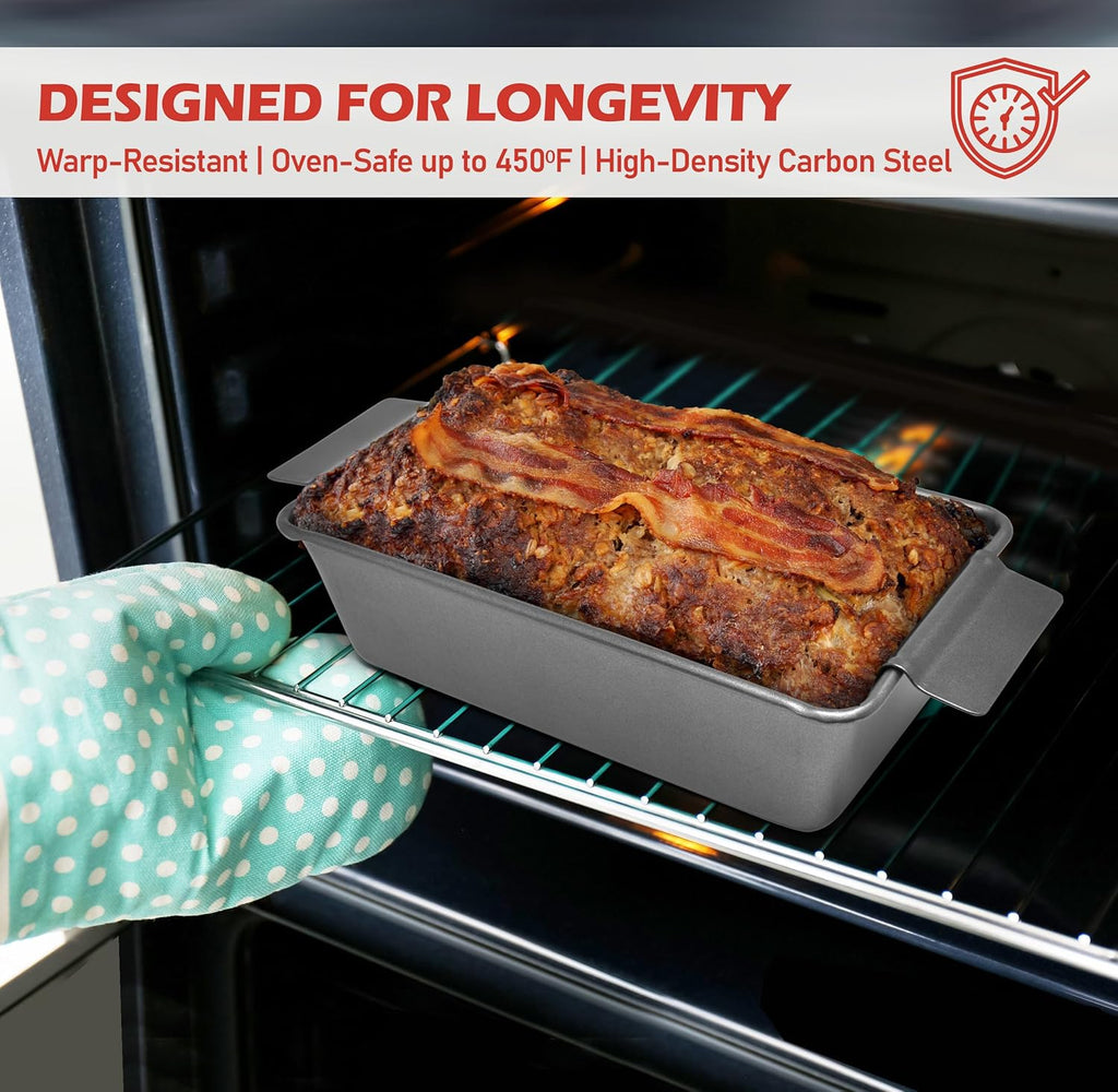 PERLLI Nonstick Meat Loaf Pan with Drip Tray - 9.8 x 5.7 In. High-Carbon Steel, BPA-Free, Perfect for Baking & Roasting