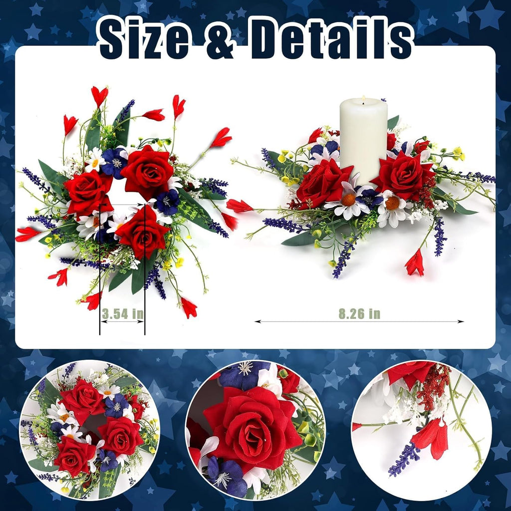 Veterans Day Candle Rings - 4 Pcs Red, White & Blue Mini Floral Wreaths for Patriotic Decor | 3 Inch