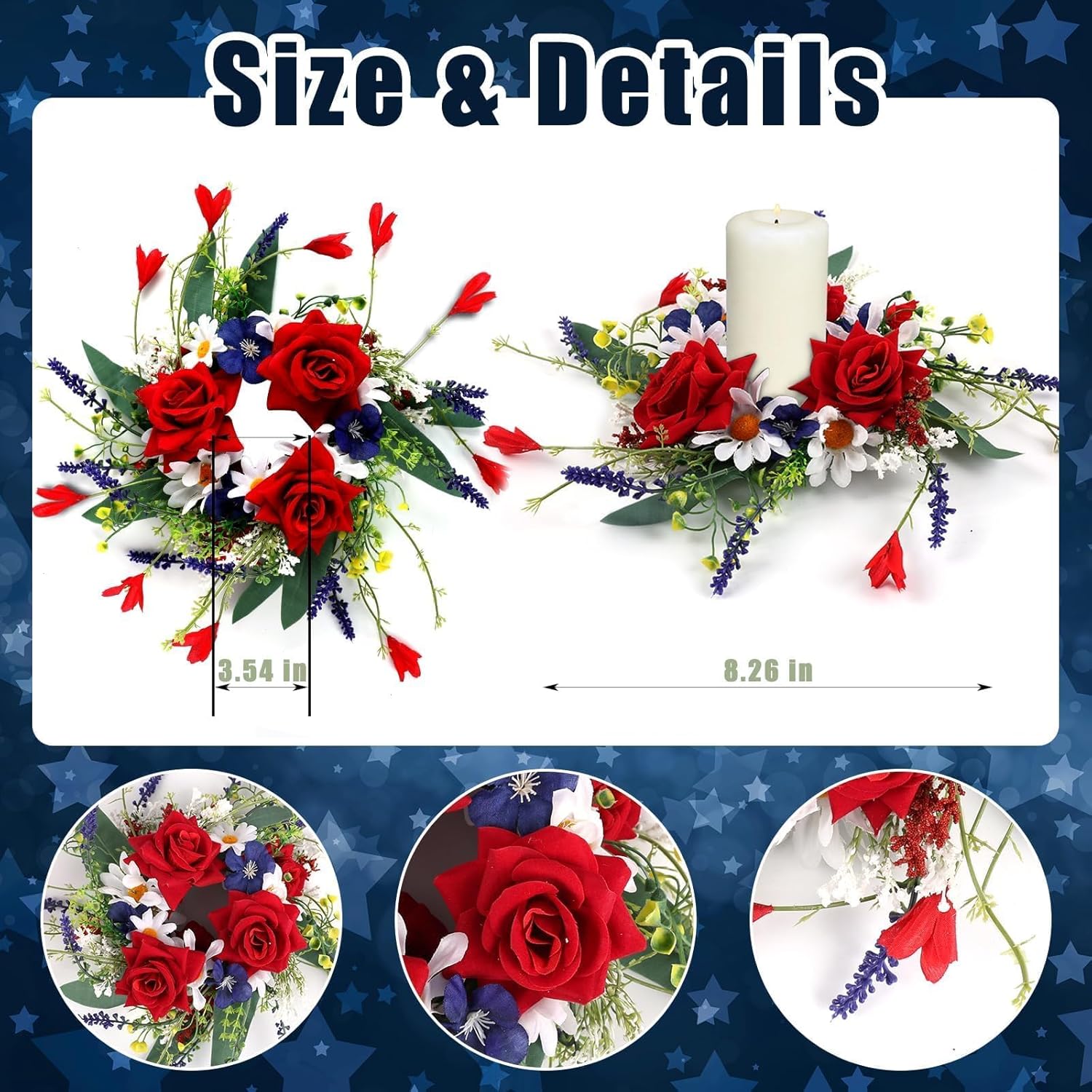 Veterans Day Candle Rings - 4 Pcs Red, White & Blue Mini Floral Wreaths for Patriotic Decor | 3 Inch