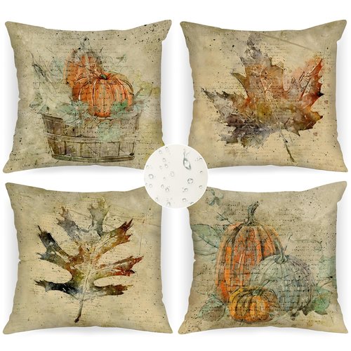 Benjia Outdoor Fall Throw Pillow Covers 20x20 Set of 4, Decorative Waterproof Oxford Retro Pumpkin 20 x 20 inch Holiday Cushion Cases Home Outside Porch Decor Decoration (Style 02)