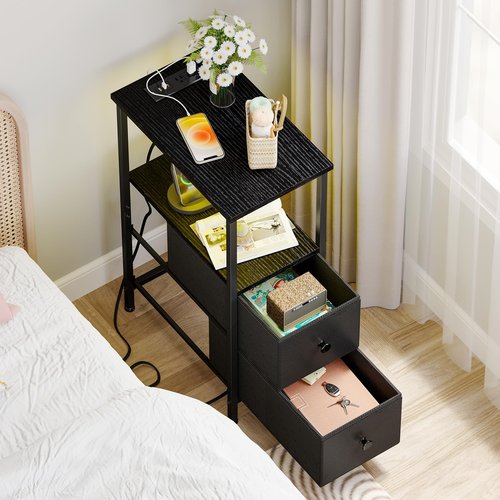 Fixwal Narrow Side Table with Charging Station and LED Light, Skinny Nightstand with 2 Fabric Drawers, Slim End Table for Bedroom, Dorm, Small Space, Black