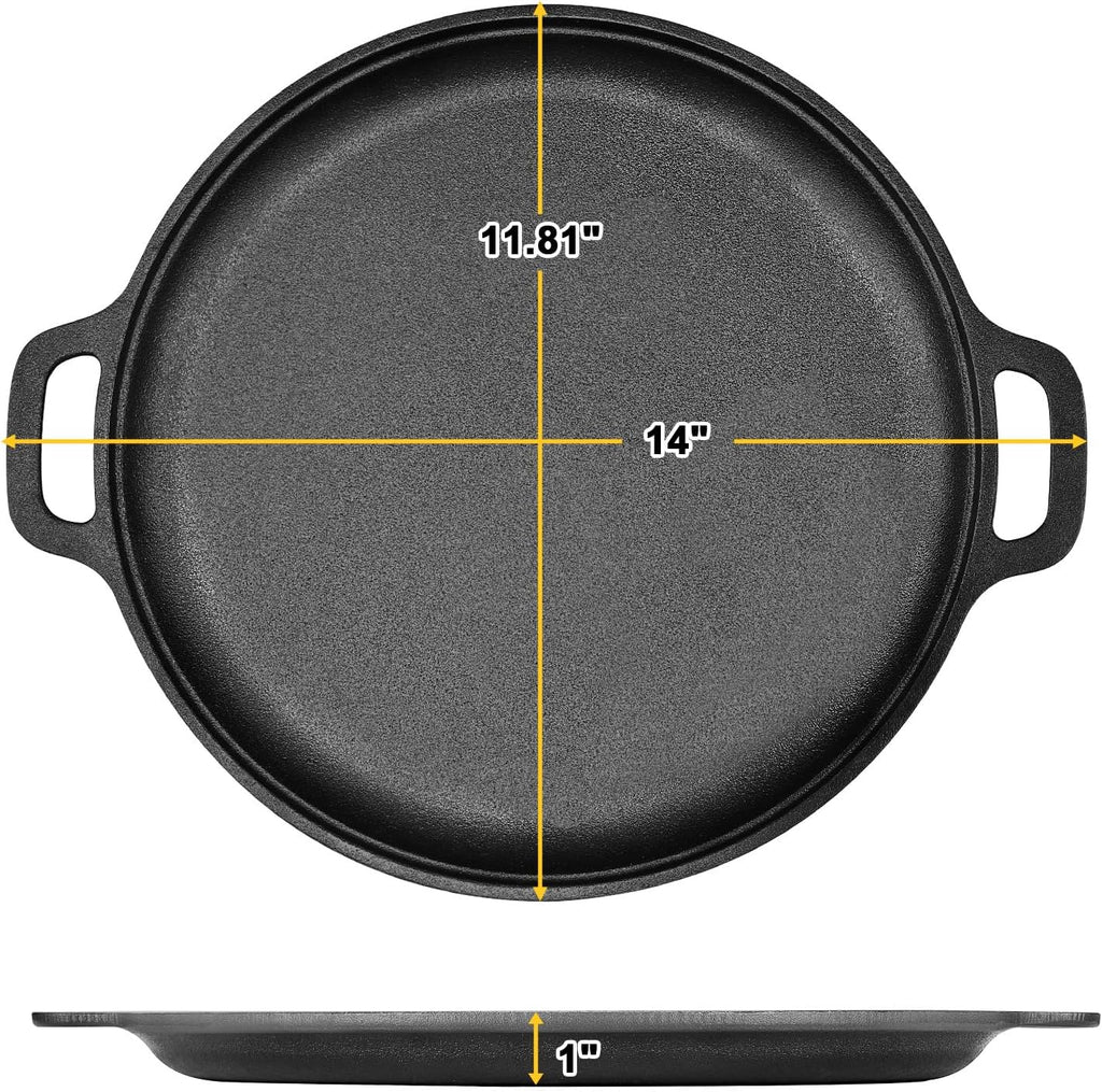 Skiennix Cast Iron Pizza Pan - 13.8 Inch Round Comal for Even Heating | Heavy-Duty with Dual Handles