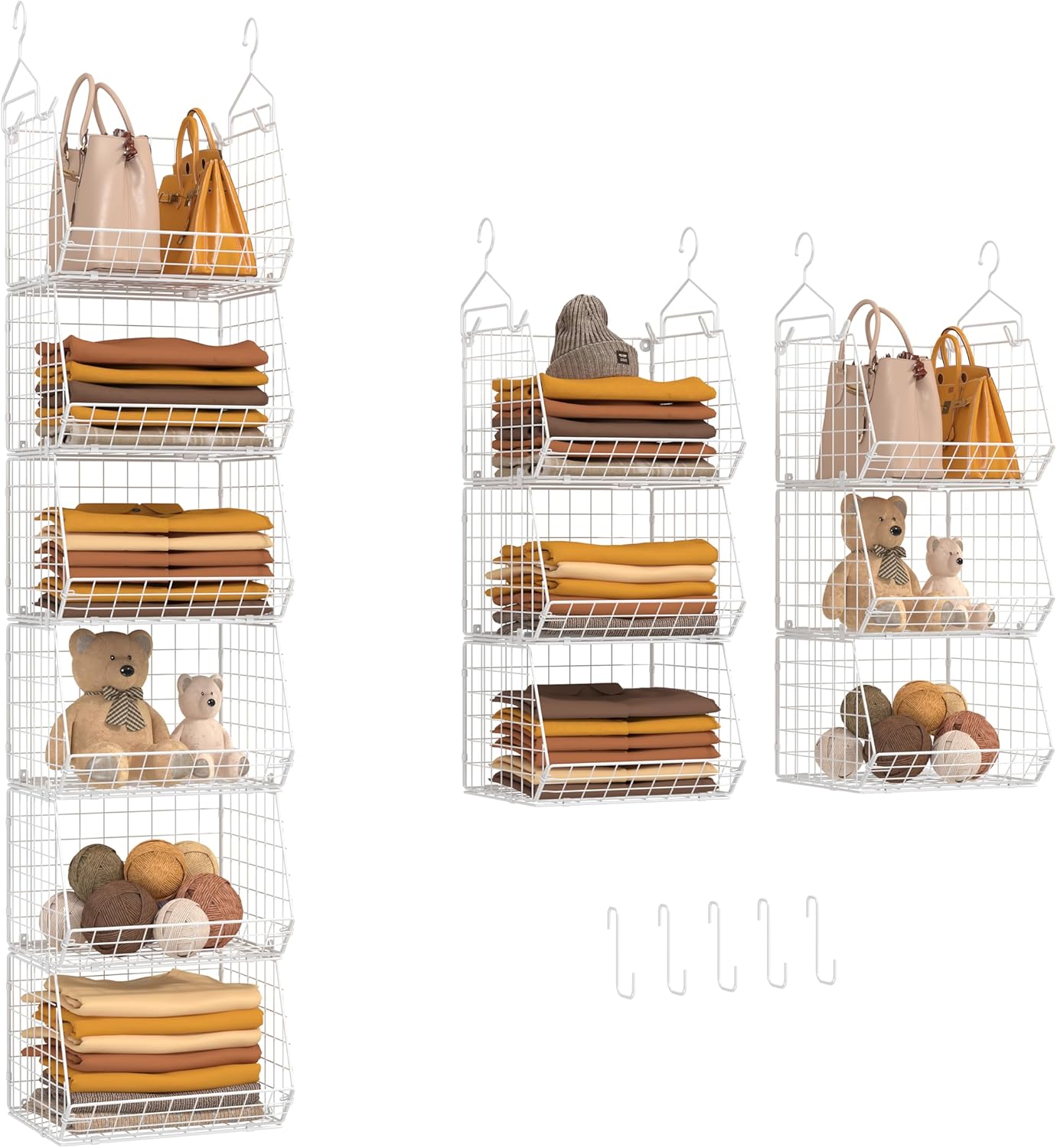 X-cosrack 6-Tier Closet Hanging Organizer - Versatile Clothes Shelves with Hooks & Baskets for Shoes, Handbags, Accessories