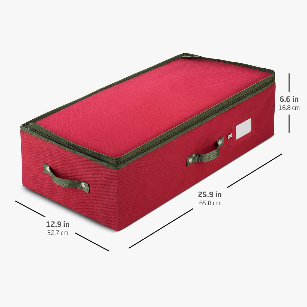 ZOBER Christmas Ornament Storage Box - Holds 64 3" Ornaments with Dividers - Durable Tear-Proof 600D Oxford Fabric - Red