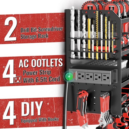 Large Power Tool Organizer by [Brand Name] - Heavy Duty Wall Mount with Charging Station & 8 Drill Holders | Black