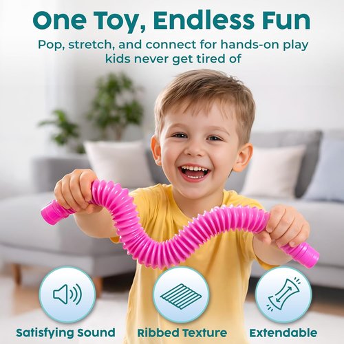 BUNMO Pop Tubes - Sensory Fidget Toys for Creative Play - Non-Mouthable & Safe for Kids - 4 Pack Large