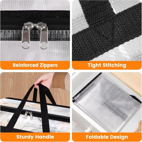 BlissTotes Clear Clothes Storage Bags - 4 Pack Foldable Under Bed Containers with Zipper & Handle (40L)