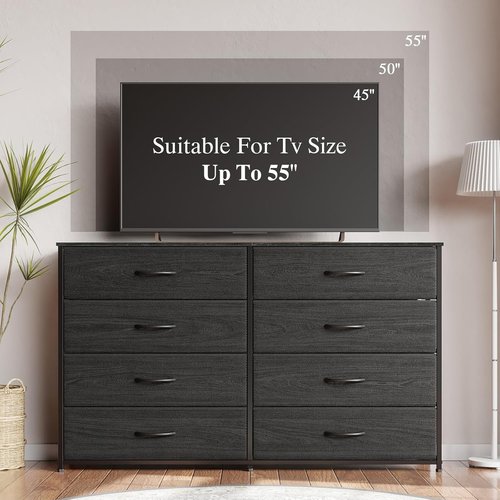 Furnulem Wide Dresser - 8 Fabric Drawers & Wood Top - Stylish Storage for 55'' TV | Black Oak