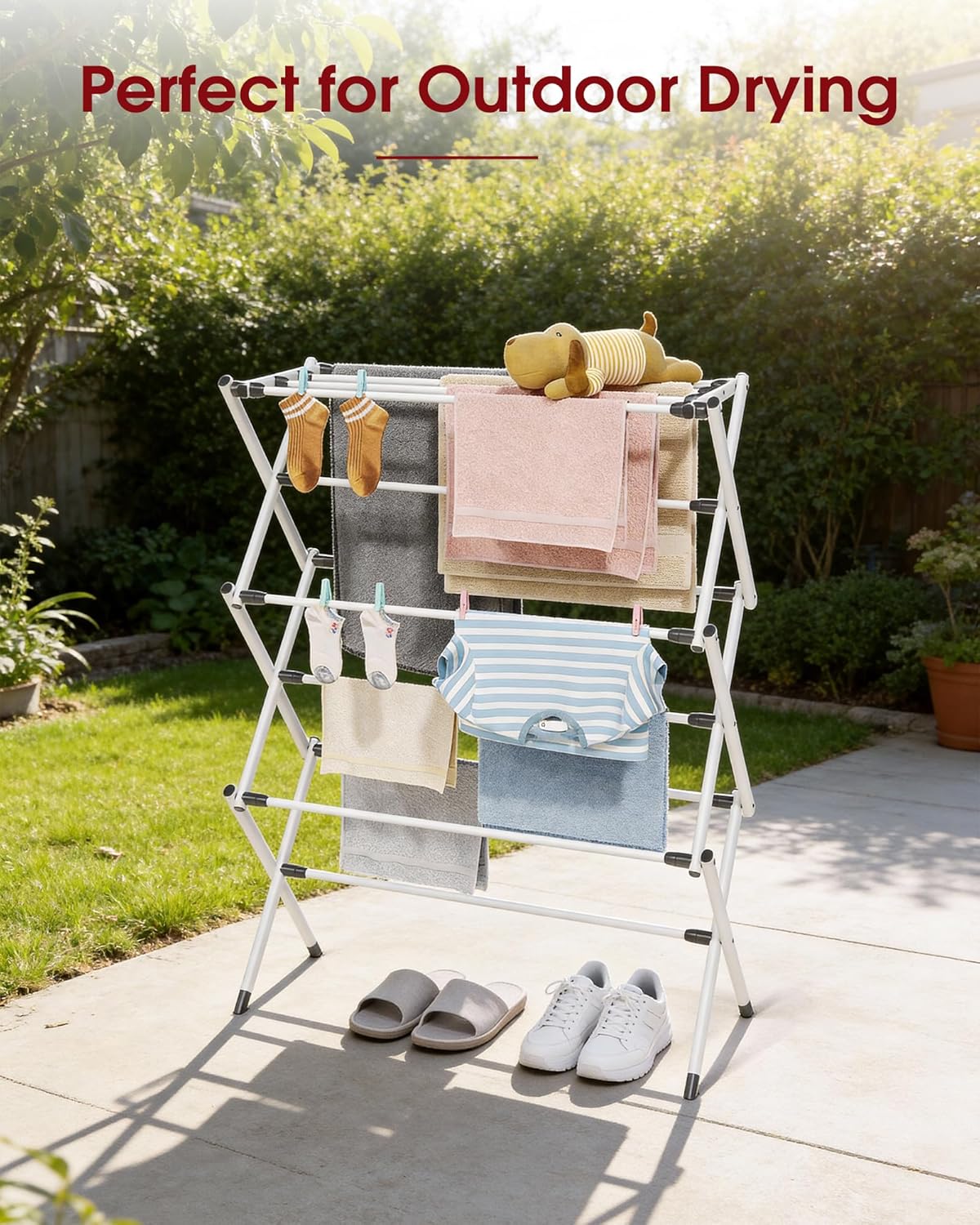 Sakugi Foldable Clothes Drying Rack - 3-Tier Metal Laundry Organizer with Non-Slip Feet, 11.4"D x 29.1"W x 37.4"H, White & Black