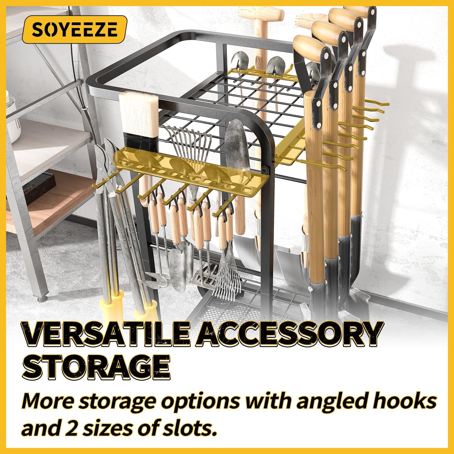 SOYEEZE Garden Tool Organizer - Heavy Duty 3-Tier Yard Tower Rack with Large Wheels | Holds 35 Tools