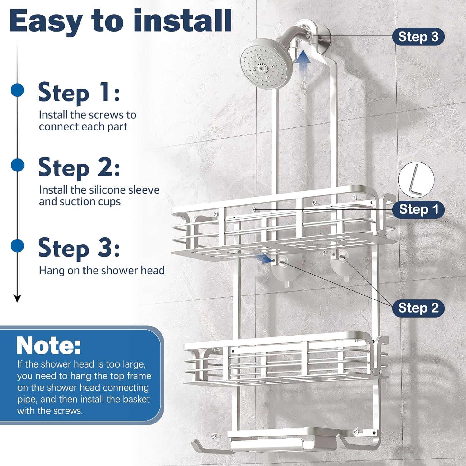 Never Rust Aluminum Shower Caddy by [Brand Name] - Over Showerhead Organizer with Soap Holder & Multi Hooks | Silver