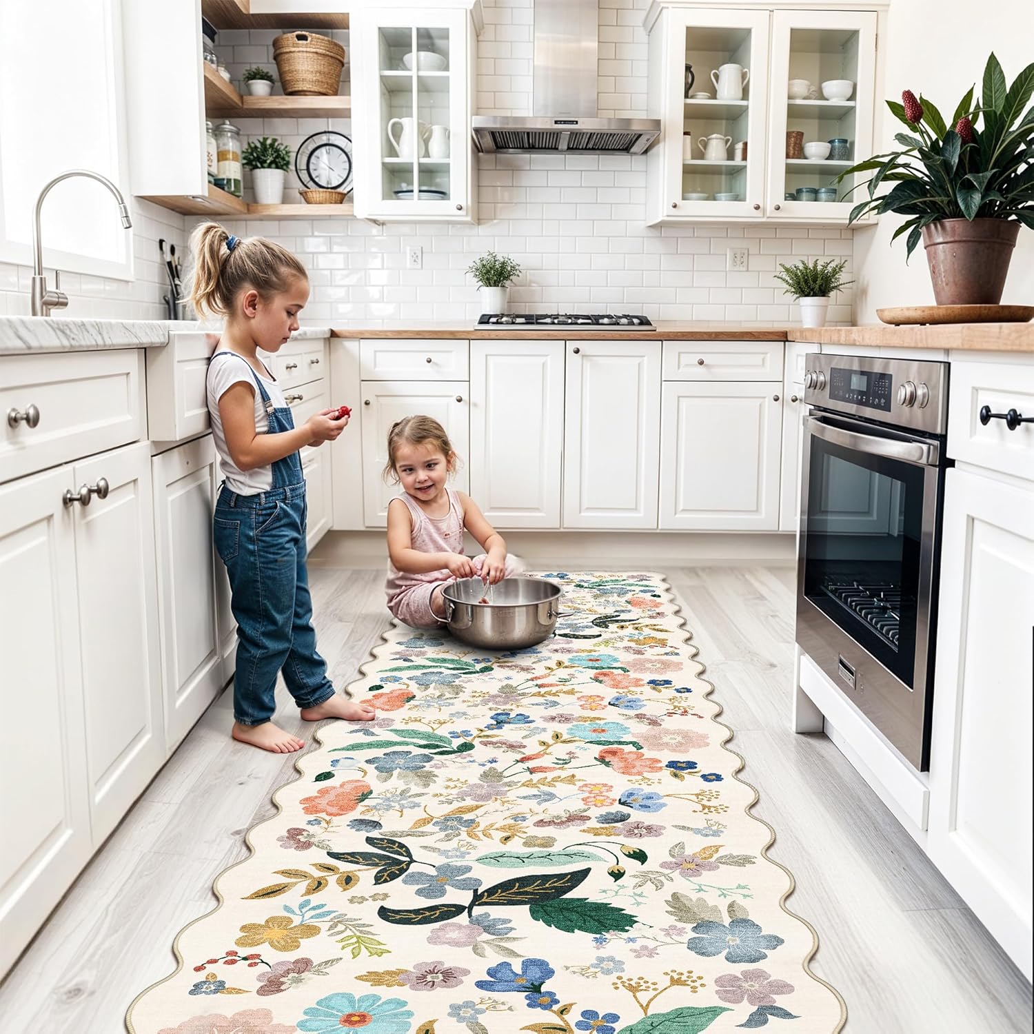 Skiennix Washable 2x8 Hallway Runner Rug - Vintage Floral Design | Water-Resistant & Ultra Soft Indoor Mat (Cream)