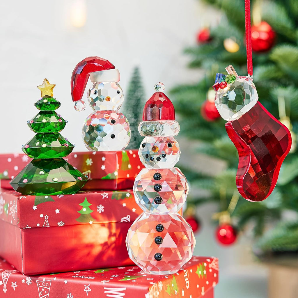 QFkris Crystal Snowman & Tree Figurines Set - Elegant Glass Christmas Decor | Small Size
