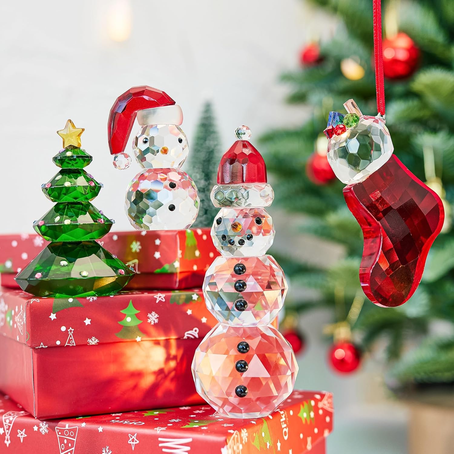 QFkris Crystal Snowman & Tree Figurines Set - Elegant Glass Christmas Decor | Small Size