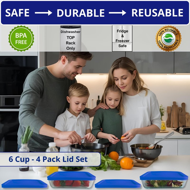6 Cup/1.5 L Blue Replacement Lids/Covers for Pyrex 7211-PC, 6 Cup/48oz Anchor Hocking & Klare Ware Storage Bowls *Lids Only* - *Glass Container Not Included* (4 Pack, Blue)