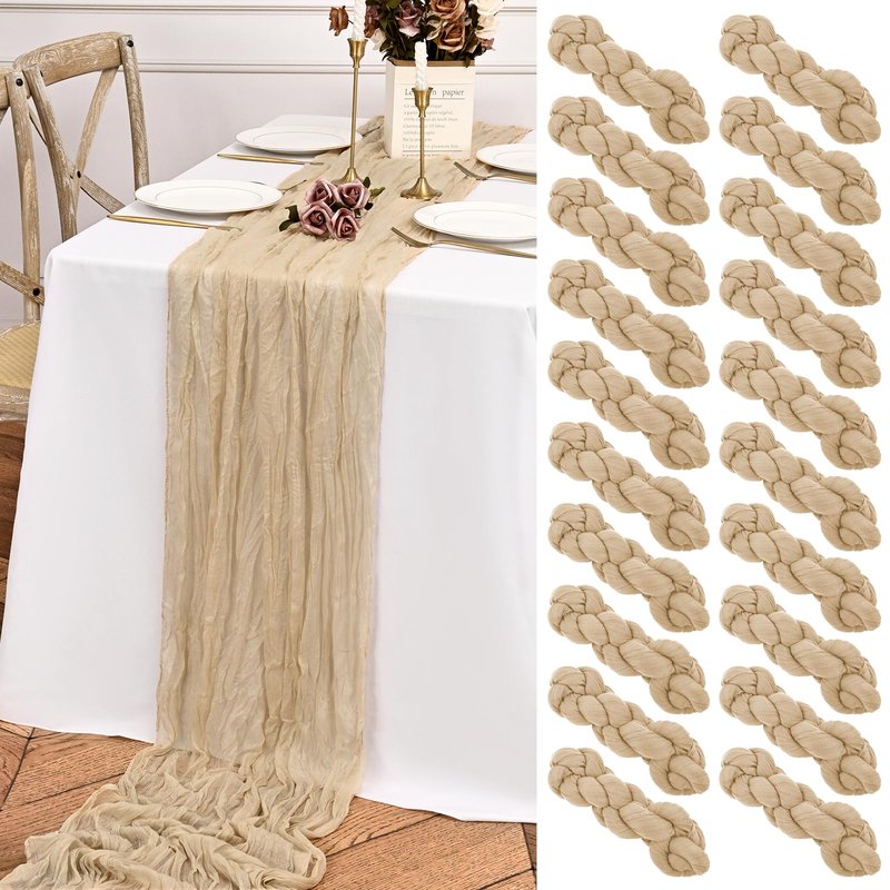 20 Pack Beige Table Runner 10FT Long Cheesecloth Table Runner Cheese Cloth Gauze for Wedding Party Birthday Decoration-Beige