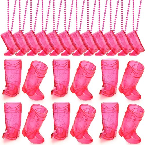 Sieral 12 Pcs Cowboy Boot Shot Glasses on Beaded Necklace Plastic Reusable Cowgirl Shot Boot Glasses Necklace Party Cups for Cowboy Cowgirl Bachelorette Carnival Western Birthday (Transparent Rose)