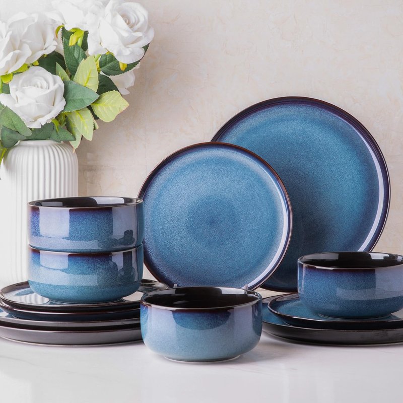 Ceramic Dinnerware Sets for 4,Handcraft Wavy Rim Stoneware Plates and Bowls Sets,Highly Chip and Crack Resistant | Dishwasher & Microwave & Oven Safe Dishes set,Service for 4 (12pc)-White &Wave