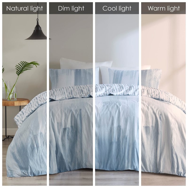 N Natori Brush Stroke Reversible Duvet Set Abstract Styling, Embossed Seersucker Design, All Season, Breathable Oversized Comforter Cover Bedding, Shams, King(110"x96") Blue 4 Piece