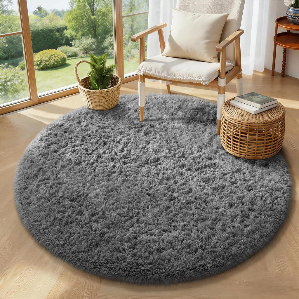 Ophanie Round Rug - 4Ft Grey Circle Area Rug | Fluffy Plush Shag Carpet for Kids & Nursery Decor