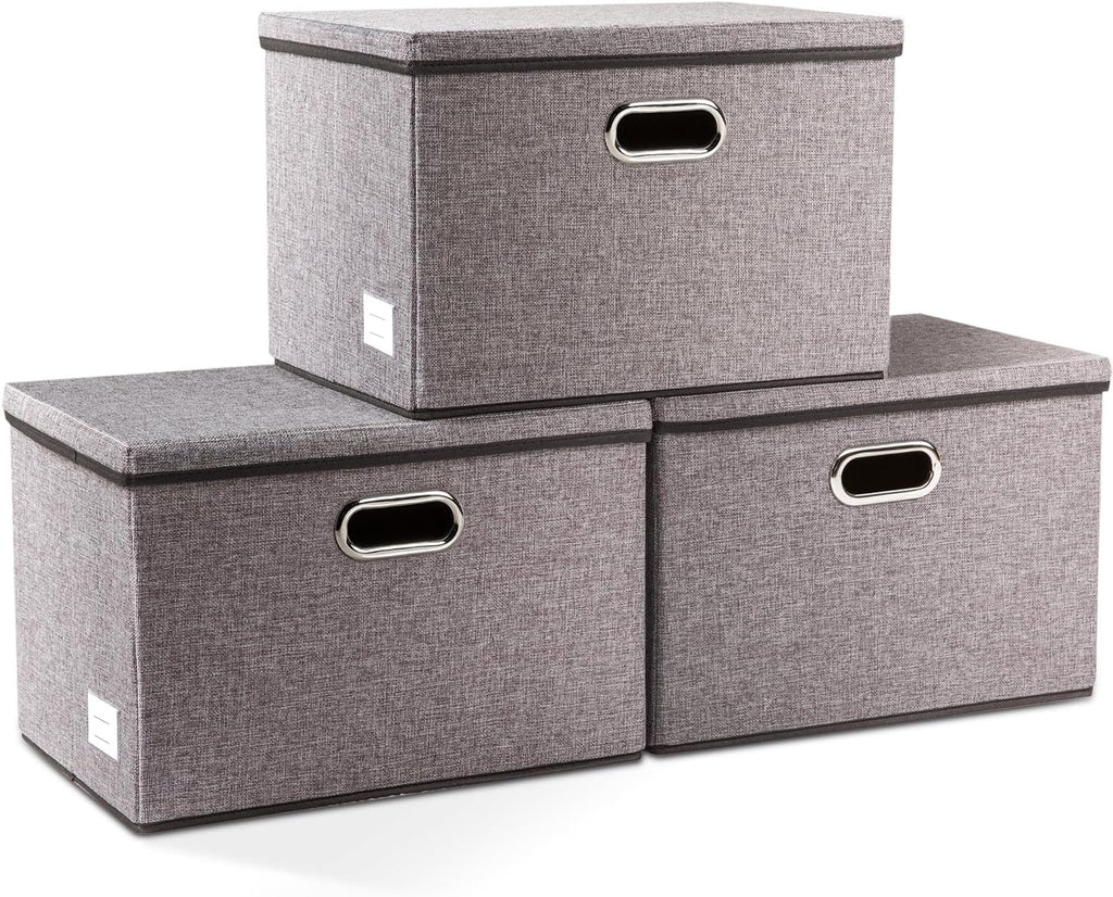 PRANDOM Large Collapsible Storage Bins - 3-Pack Linen/Cotton Blend Organizers for Home & Office (17.7"x11.8"x11.8")