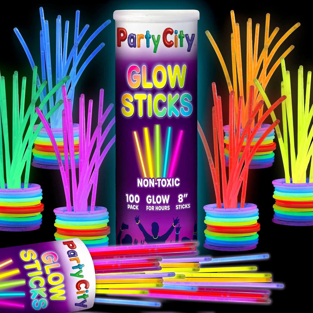 Party City 100 Glow Sticks - Neon Glow in the Dark Party Supplies | Connectors for Bracelets & Necklaces