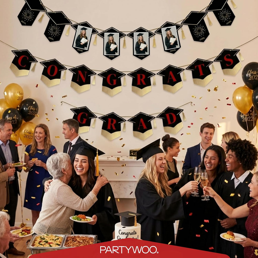 PartyWoo Graduation Banner - Class of 2026 Black and Red Decorations | 2-Piece Hanging Congrats Grad Supplies