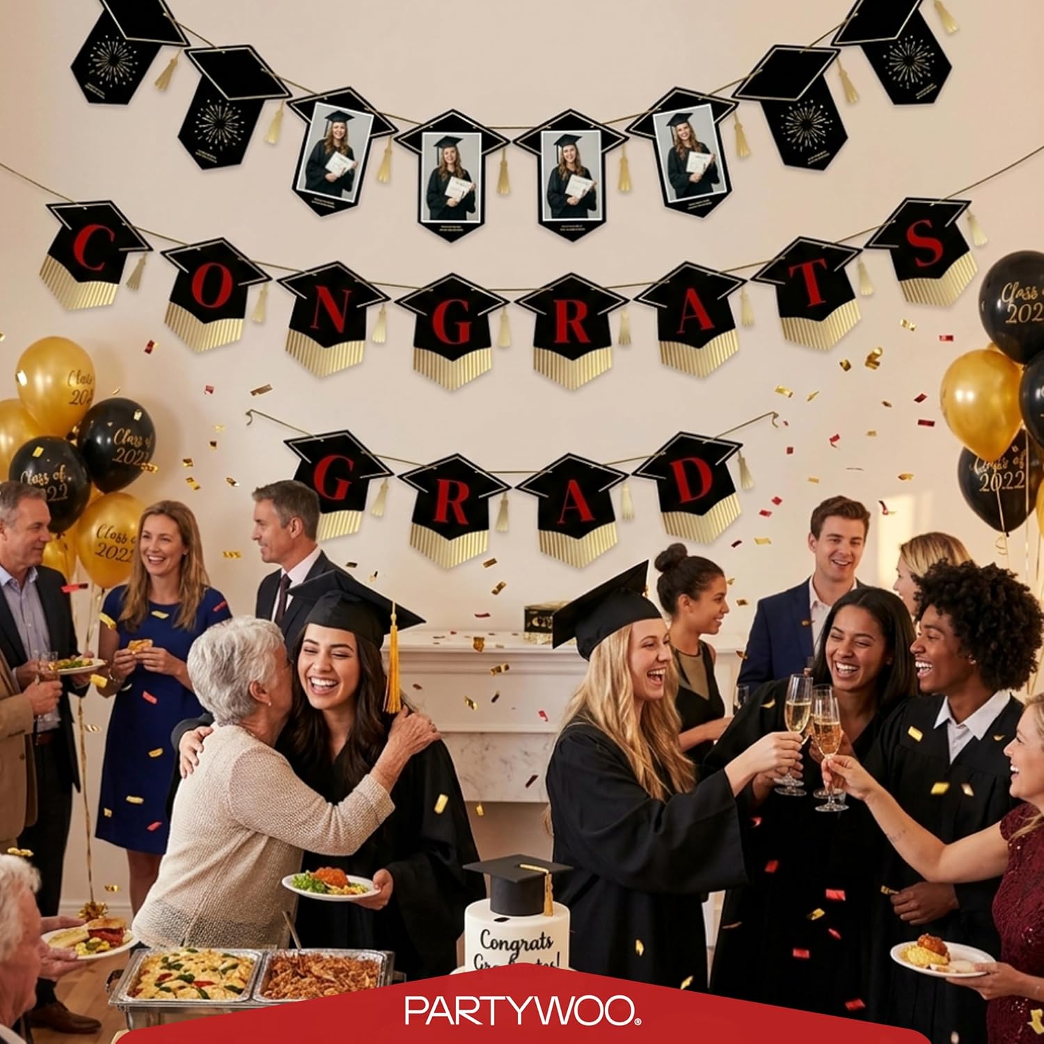 PartyWoo Graduation Banner - Class of 2026 Black and Red Decorations | 2-Piece Hanging Congrats Grad Supplies