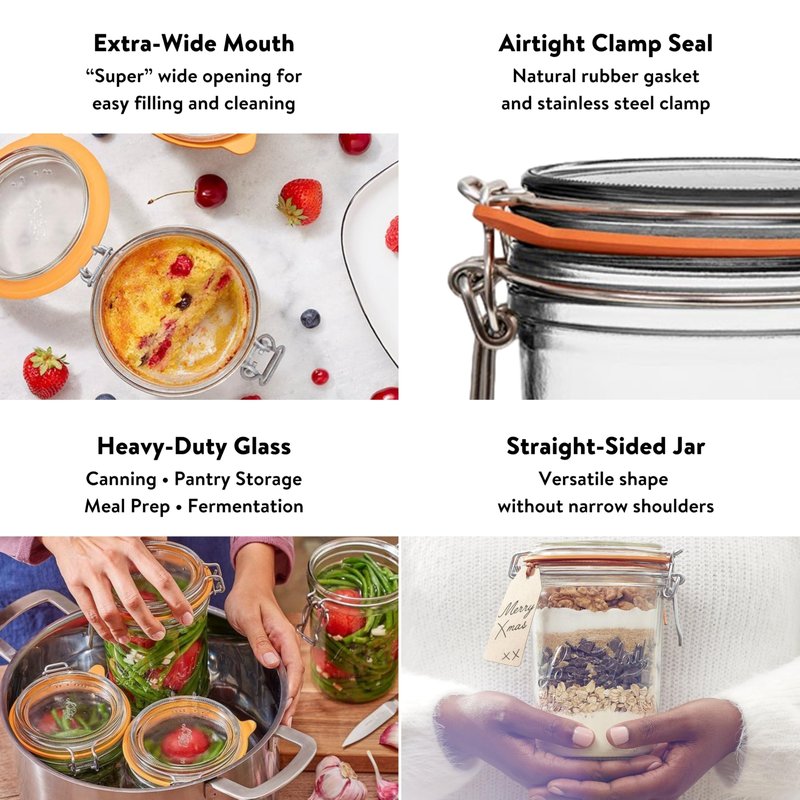 Le Parfait Super Terrine 750mL (24oz) Zero Waste Eco-Friendly Glass Canning Jars, Airtight Rubber Seal & Wire Bail Lid, BPA-Free, Water Bath Safe for Food Storage & Preserving, Made in France, 4PK
