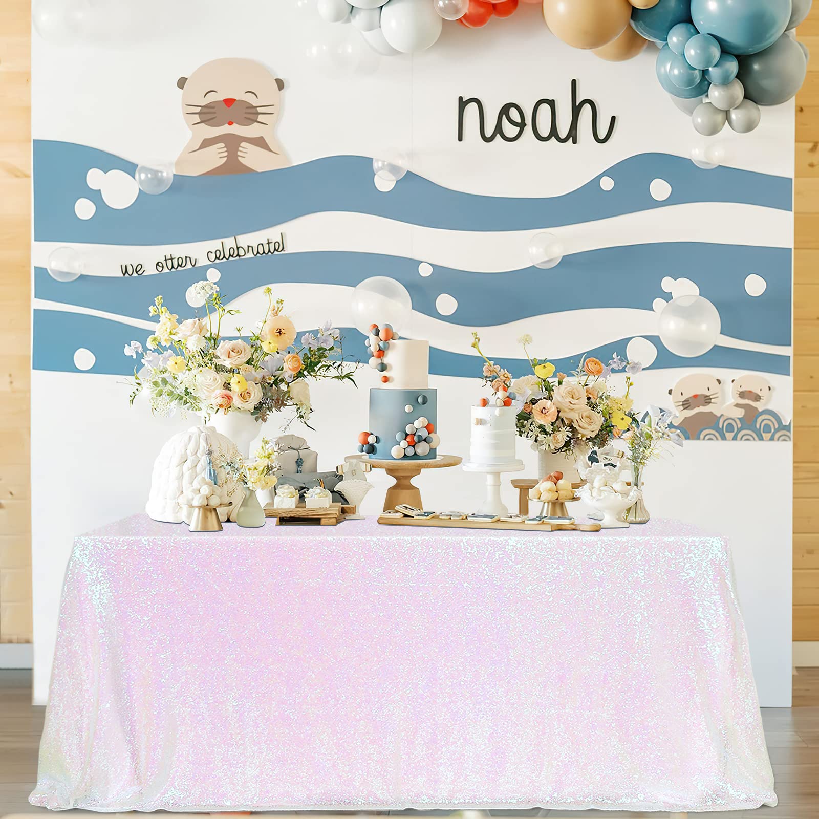 SoarDream White Iridescent Sequin Tablecloth 60x102 Inches Sparkle Table Cloth Cover for Wedding Birthday Party Dinner Cake Buffet Table Decoration
