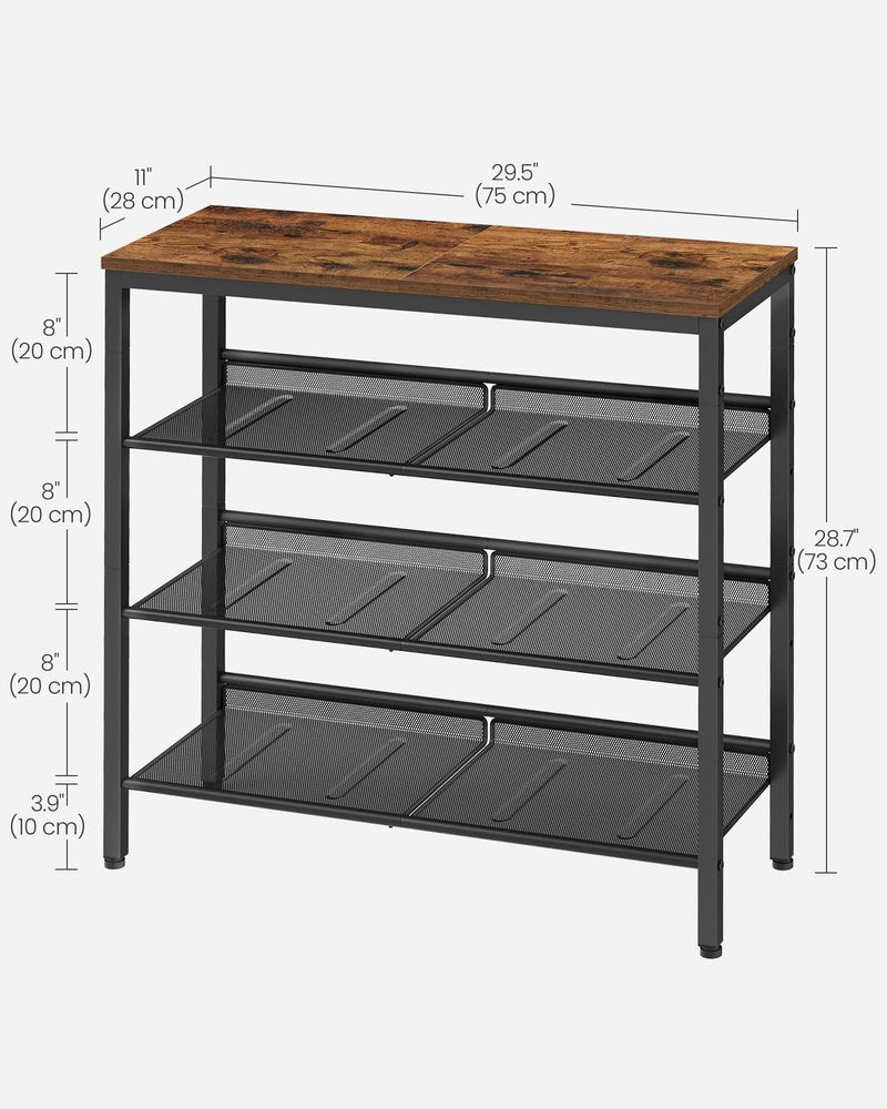 VASAGLE Shoe Rack for Entryway, 4-Tier Shoe Rack Organizer with Storage Shelves and Spacious Top, Freestanding, Adjustable, Industrial, Rustic Brown and Ink Black ULBS040B01