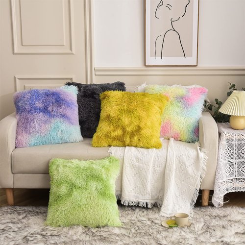 Aimuan Home Decor Luxury Series Plush Shaggy Pillow Shams Super Soft Velvet Style Tie Dye Artificial Fur Throw Pillow Case Cushion Cover for Sofa/Bed/Living Room Ombre Set of 2Pcs Purple, 17.7"x17.7"