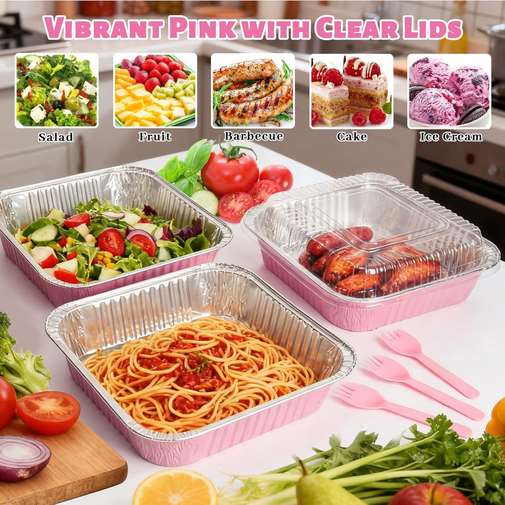 Pink Aluminum Baking Pans by [Brand Name] - 35 Pack 8x8 Inch Disposable Trays with Lids & Spoons for Parties