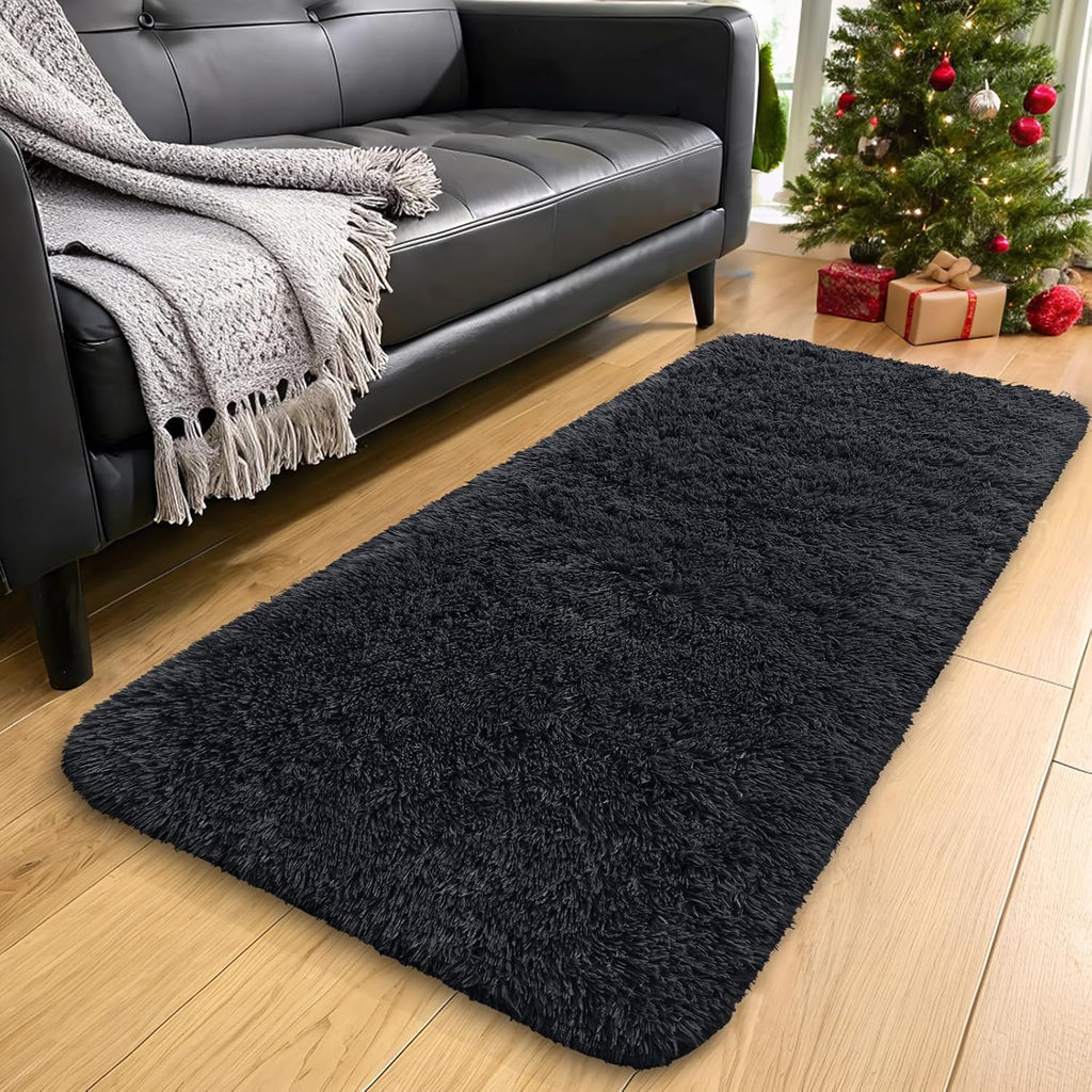 OLANLY Runner Rugs - Soft, Machine Washable Shaggy Design for Hallway & Bedroom | Black 2x10 ft
