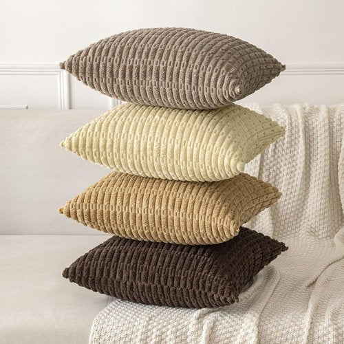 MIULEE Corduroy Throw Pillow Covers - Soft Boho Striped Design | 16x16 Inch Beige for Modern Home Decor
