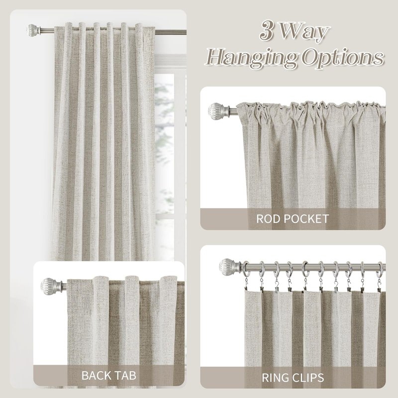 PANGSINNE Cream Linen 100% Blackout Curtains 84 Inches Long - 2 Panels Set Back Tab Drapes for Bedroom Thermal Insulated Black Out Room Darkening Window Curtain