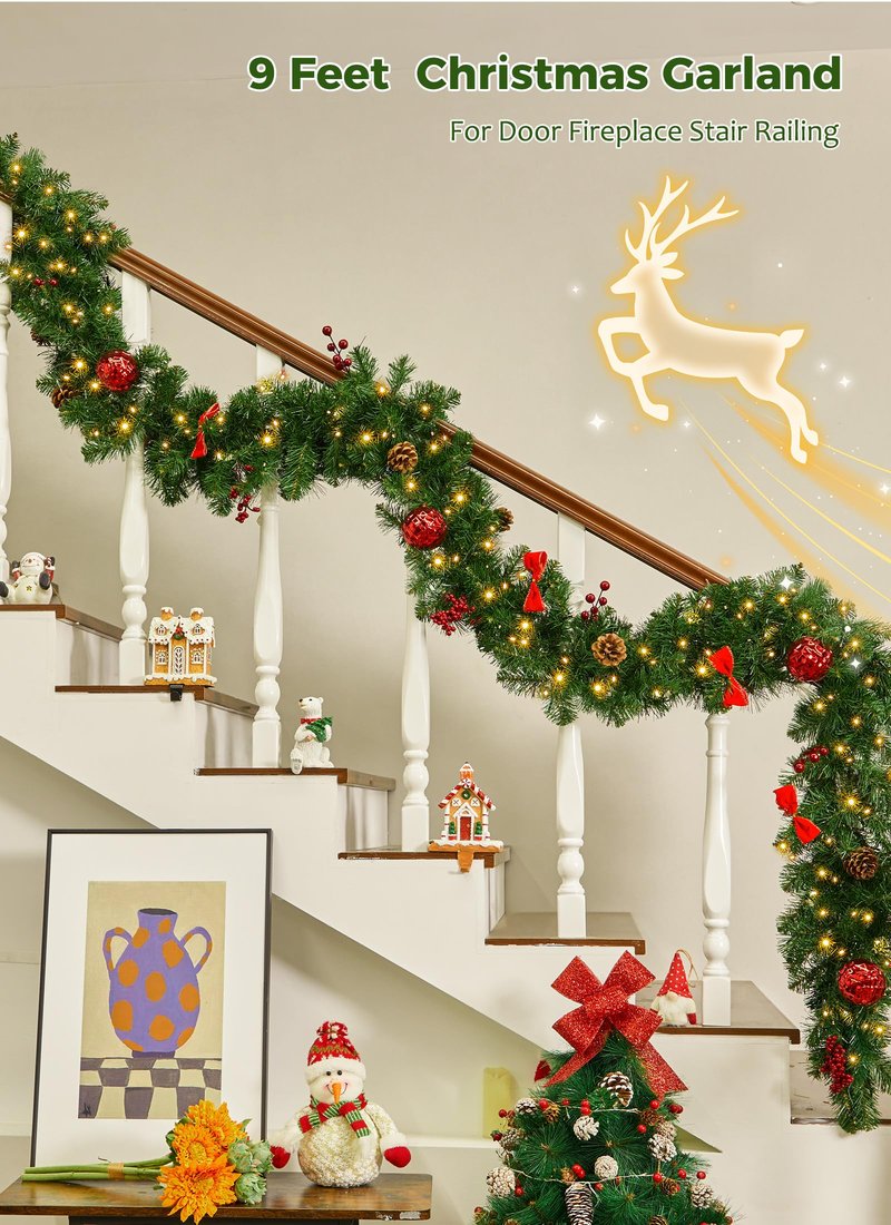 Brightown 9FT Christmas Garland with Lights, Battery Operated Prelit Garland with Pinecones, Berries, Bows, Ornaments, 100 LED White Lights, 8 Modes, Timer, for Mantle, Stairs, Fireplace, Door, Fence