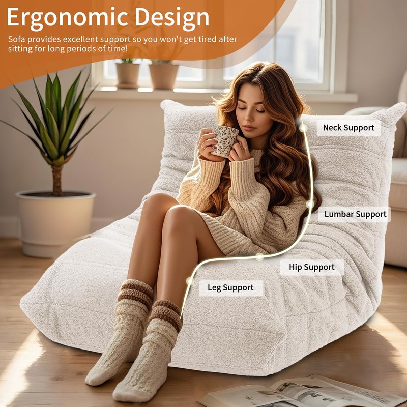 Eiury Fireside Chair - Lazy Floor Sofa for Adults, Mid-Century Teddy Velvet Lounge Chair with Ergonomic Design, Ideal for Living Room, Bedroom, Salon, Office, or Gaming Venue - White