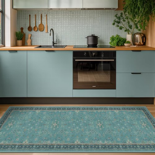 Hazo Haus Boho Kitchen Rug Runner - Non-Slip Teal Washable Design for Bathroom & Hallway
