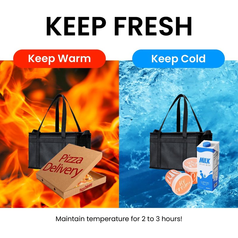 NZ home Insulated Bags for Food Delivery (Large) Grocery Shopping Cooler Bag, Pizza Delivery, Hot & Cold Catering Tote, Reusable, Foldable & Heavy Duty (2 Pack, Black)