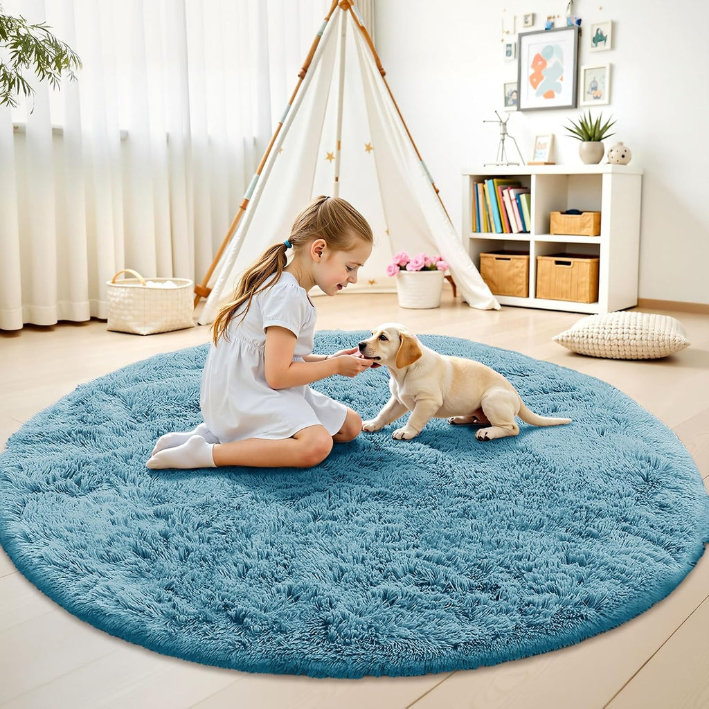 OLANLY Round Slate Blue Area Rug - Soft, Fluffy, Machine Washable 8 ft Carpet for Bedroom & Living Room