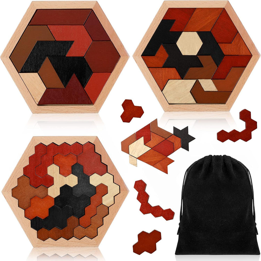 Yunsailing Large Hexagon Tangram Puzzle Set - 3 Pack Wooden Brain Teasers for Adults | Vintage Design